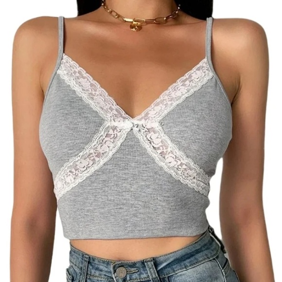 Y2K Crossed-Lace Tank Top (Cropped) - Picture 3 of 6